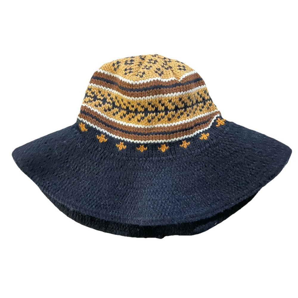 Knit Bucket Hat Brown Fair Isle Wide Brim 70s 80s Acrylic Retro Zwicker VTG? Hip